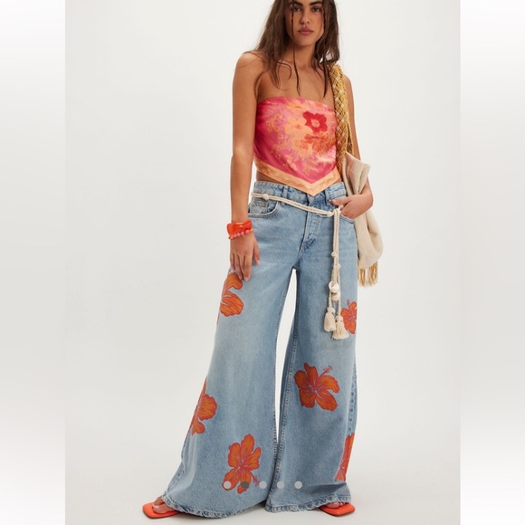 Free People Denim - Free People Blue Flare Jeans with Orange Floral Design🌟